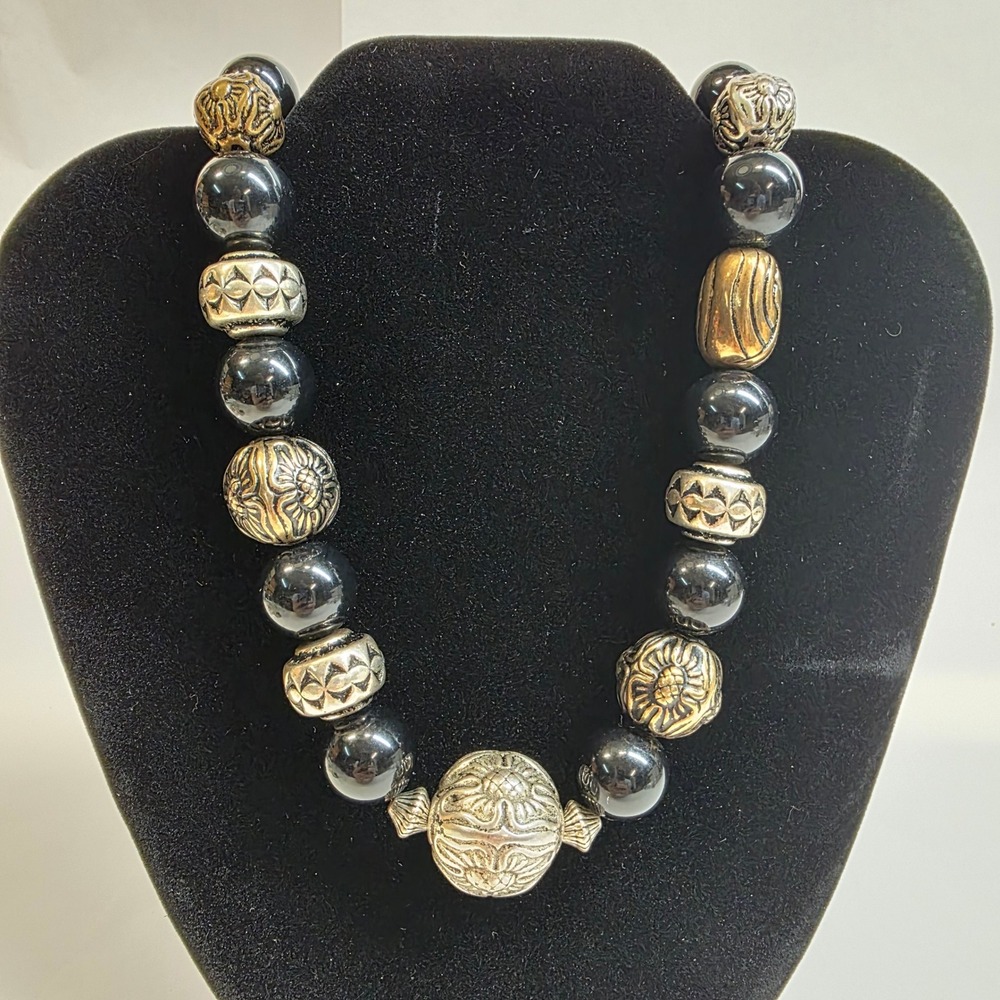 Beaded Statement 24" Necklace Womens Black Silver Chunky Boho